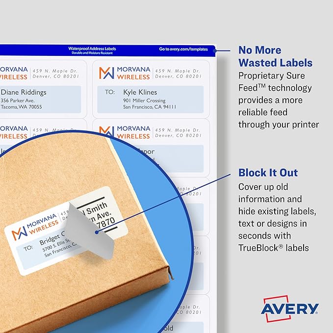 Avery Printable Shipping Labels with Sure Feed, 3-1/2" x 5", White, 400 Blank Mailing Labels for Laser Printers (5168)
