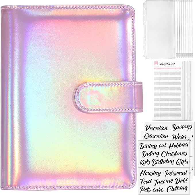Sooez Laser Pink Money Organizer for Cash, A6 Budget Binder with Cash Envelopes, 39 Black Bold Sticky Labels & 24 Colorful Budget Sheets, Money Saving Binder for Budgeting