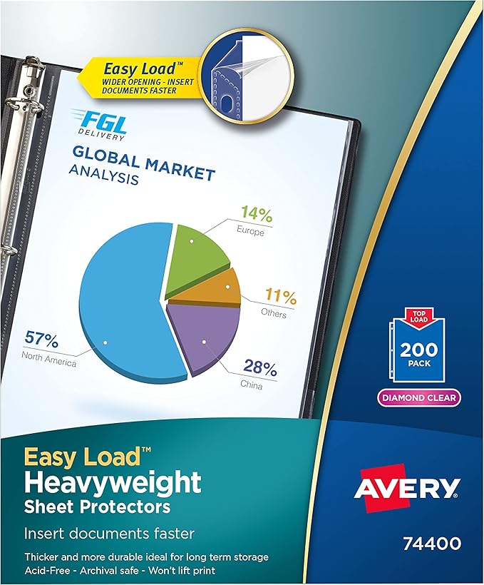 Heavyweight Easy Load Diamond Clear Sheet Protector, Side: 3-Hole Punched, Top Load 8.5 x 11 Insert, Clear Front, 200/Box