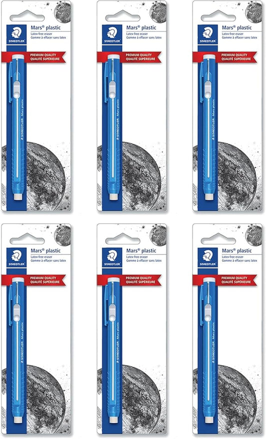 STAEDTLER 6-Pack Mars Plastic Eraser Pen with Refillable Holder, German-Made Eraser for Pencils, Smudge-Free & Tear-Free Precision, Retractable Design with Clip, Blue, 6 Count