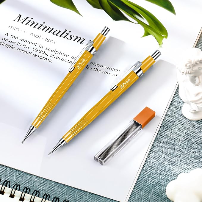 Gueevin 24 Pcs Mechanical Pencil Metal Penpoint Mechanical Pencil Retractable Automatic Drafting Pencils Refills for Writing Drawing Signature(0.9mm,Yellow)