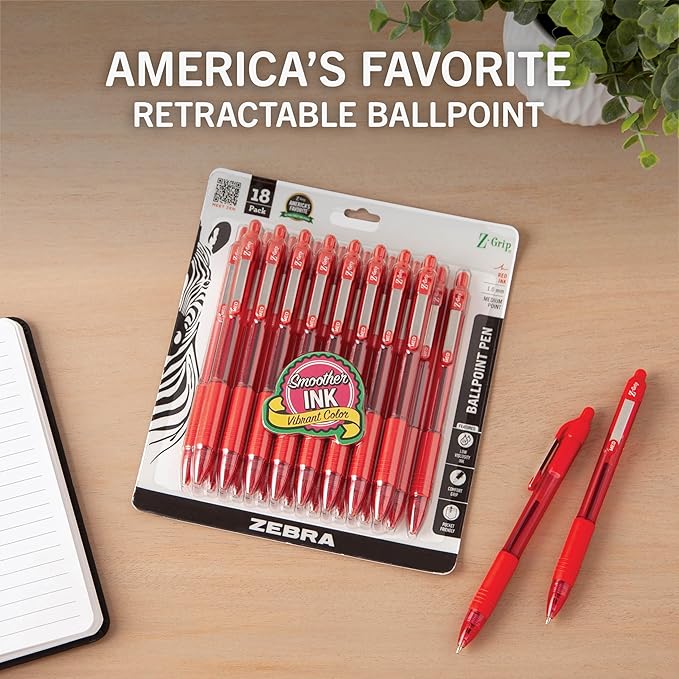Zebra Pen Z-Grip Retractable Ballpoint Pen, Smooth-Flowing Red Ink, 1.0mm Medium Point, School & Office Supplies, Ideal for Note-Taking, Journal and Planner Use, 18-Pack (22318)