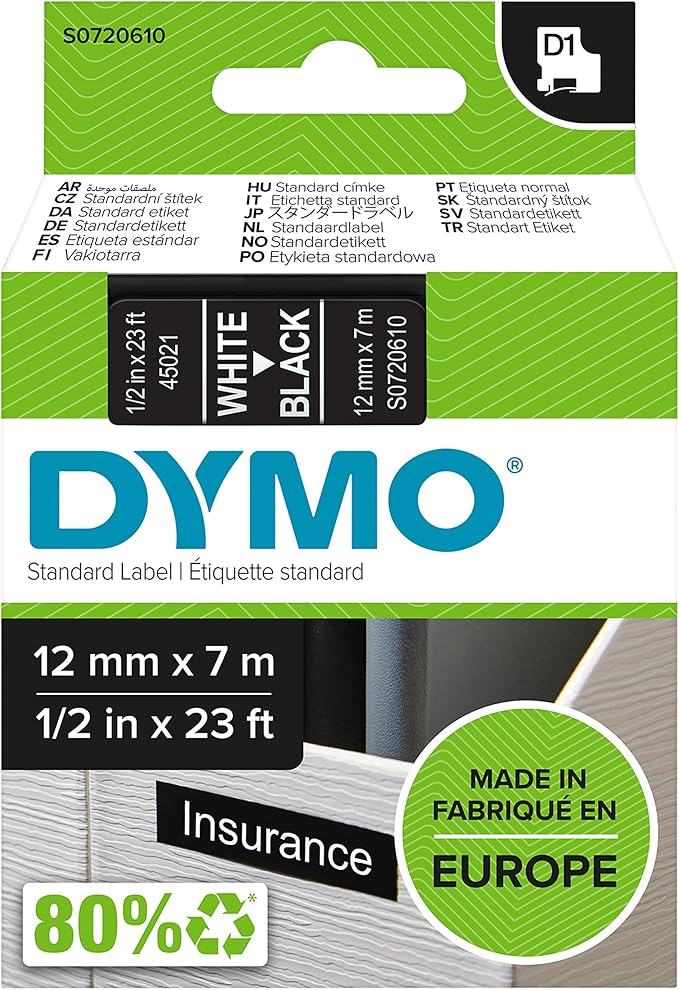 Dymo D1 Standard Labelling Tape 12mm x 7m - White on Black