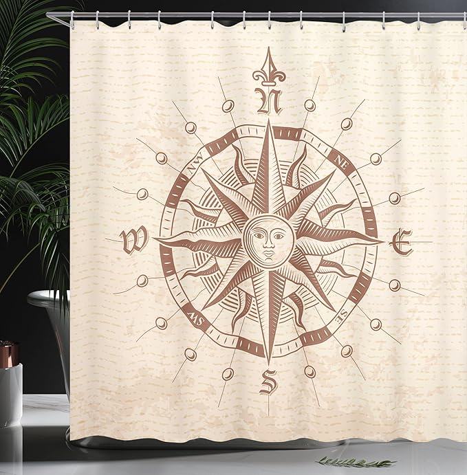 Ambesonne Compass Shower Curtain, Old Compass Rose a Sun Face Lady on It Instrument Distances Between Points Graphic, Cloth Fabric Bathroom Decor Set with Hooks, 69" W x 75" L, Tan Brown