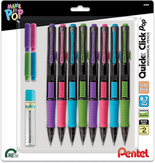 Pentel Quick Click POP Mechanical Pencil, (0.7mm), Includes Refill Lead and Erasers, Pack of 8 Pencils (PD217LEBP8)