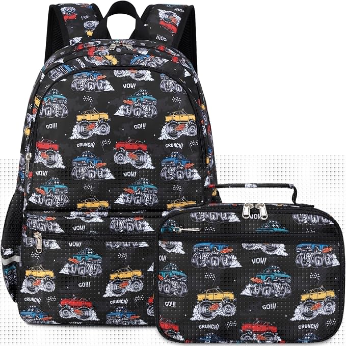 DSIUE School Backpack for Boys, Boys Backpack for Kids Children Teens Elementary Middle School With Lunch Box (Monster truck Black)