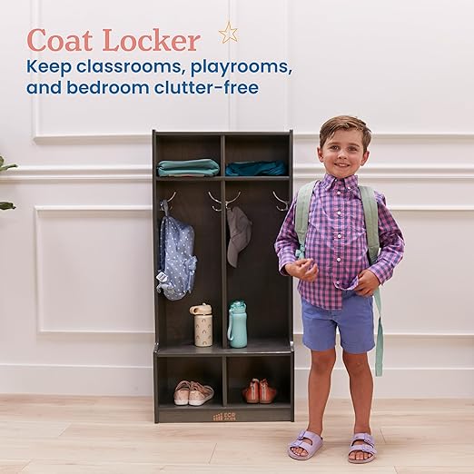 ECR4Kids 2-Section Coat Locker with Bench and Cubby Storage, Classroom Furniture, Grey Wash
