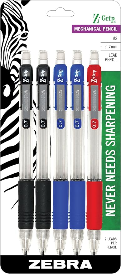 Zebra Pen Z-Grip Mechanical Pencil, 0.7mm Point Size, HB #2 Graphite, Assorted Grip Colors, 5-Count