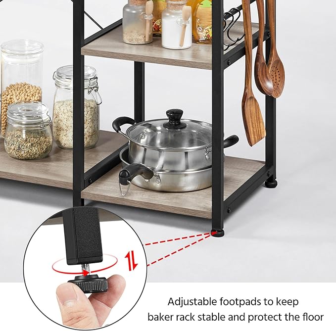 Yaheetech Kitchen Bakers Rack with Wire Basket, Coffee Bar Table Station Microwave Oven Stand Kitchen Utility Storage Shelf with 6 S-Shaped Side Hooks, Metal Frame, 15''D x 35.5''W x 33''H, Gray