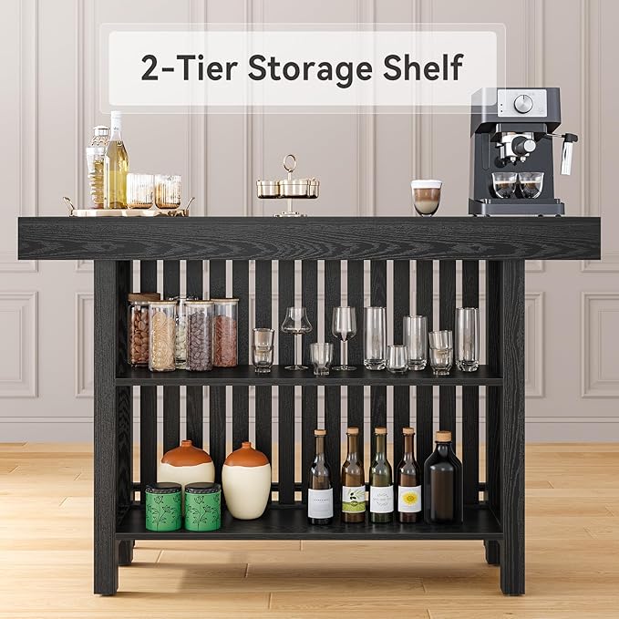 LITTLE TREE 63-Inch Home Bar Table, 2-Tier Storage Shelf Mini Bar Unit, Kitchen Pub Table, Small Indoor Bar Counter, Black