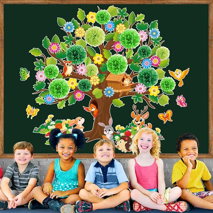 Pajean 110 Pieces Classroom Tree Bulletin Board Set Spring Tree Bulletin Board Decoration with Paper Pom Poms 3D Flowers Leaves Butterfly Cutouts for School Classroom Home Wall Chalkboard Decor