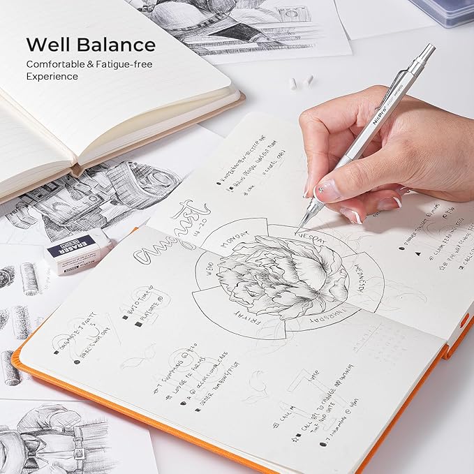 Nicpro 2 PCS Mechanical Pencil 0.5mm & 0.7 mm with Case, MP1000 Metal Artist Pencil Set with 4 Tubes HB Lead Refills, 2 Erasers, 9 Eraser Refills For Art Writing Drafting, Drawing, Sketch, Silver