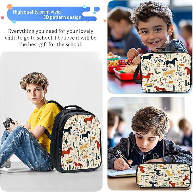 Horses Backpack Set 3 Piece School Bags and Lunch Box with Pencil Case Horse Cactus Bookbag Set for Toddler Kids Girls Boys Teens Kindergarten Elementary Middle
