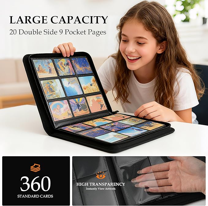 Trading Card Binder 9 Pocket - Premium Card Collection Binder for 360 Cards, Durable Side-Loading Card Album with Zipper, Perfect for TCG, MTG, and Sports Cards, Blue