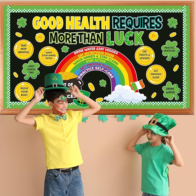 St. Patrick's Day Health Bulletin Board Lucky Shamrock Bulletin Board Decorations Rainbow Gold Coin Paper Cutouts for St. Patrick Party Supplies Home Classroom Chalkboard Wall Door Window Decoration