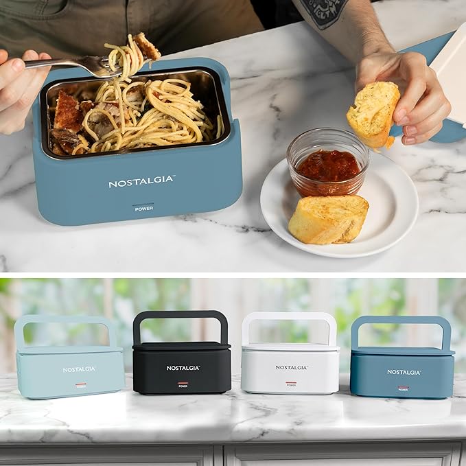 Nostalgia Portable Heated Lunch Box – 4-Cup Stainless Steel Food Warmer – Detachable Cord, Leak-Proof Lid, Carry Handle – Portable for Work & Travel – Ocean Blue