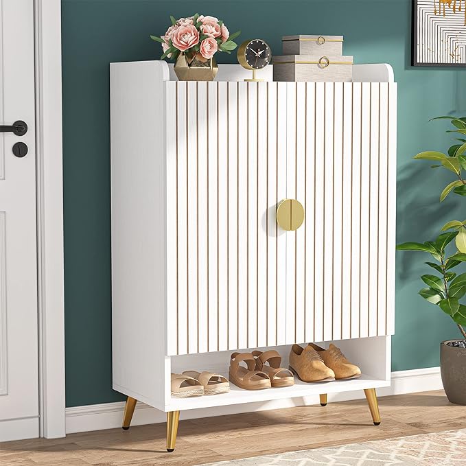 Tribesigns Shoe Cabinet with Doors, 6-Tier Shoe Storage Cabinet with Adjustable Shelves, Wooden Shoes Rack Shoe Storage Organizer for Entryway, Hallway, Closet, Living Room, White & Gold