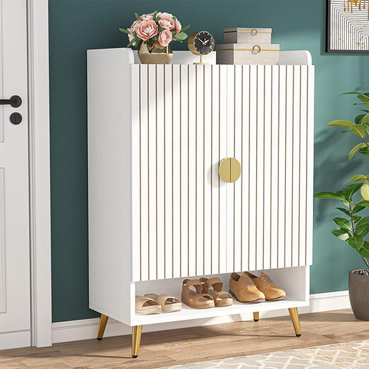 Tribesigns Shoe Cabinet with Doors, 6-Tier Shoe Storage Cabinet with Adjustable Shelves, Wooden Shoes Rack Shoe Storage Organizer for Entryway, Hallway, Closet, Living Room, White & Gold