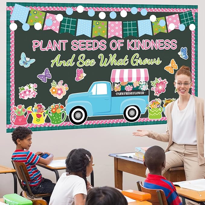 Spring Bulletin Board for Classroom Decoration Plant Kindness Spring Truck Flower Bulletin Board Set Floral Butterfly Cutouts for Back to School Office Chalkboard Wall Teacher Decor