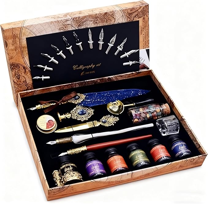Calligraphy Feather Dip pen set with 6 bottles of ink,Quill Pen,Wooden Dip Pen,Glass Dip Pen,Wax Seal Stamp Kits,Pen Holder,spoon,Letter opener, Christmas Gift for Men&Women