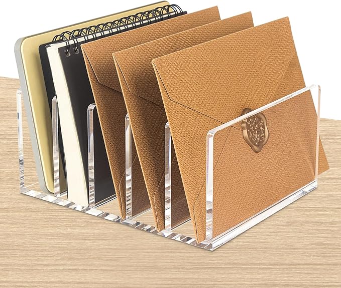Acrylic Mail Organizer File Sorters for Desk,5-Section Laddered Desktop Vertical Letter Holder,Desk Organizer Workspace Organizer