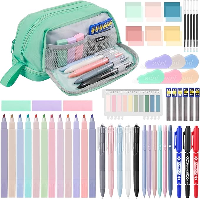 54 PCS Aesthetic School Supplies, Stationery Essentials Set with Large Pen Case, Mechanical Pencils & Gel Pens with Refills, Markers, Erasers, Highlighters, Sticky Notes, Correction Tapes (Green)