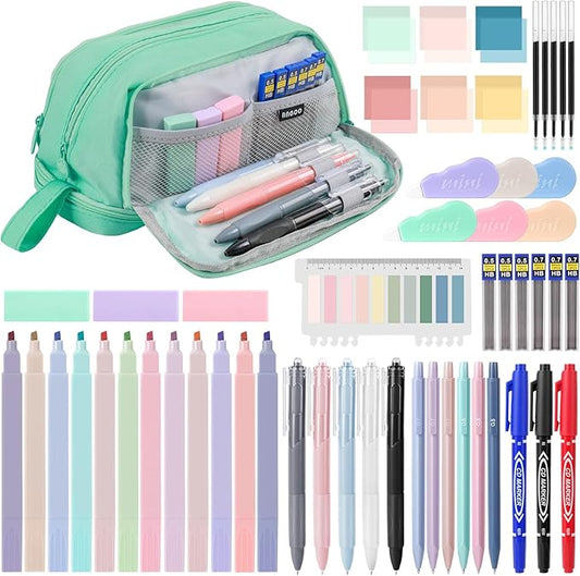 54 PCS Aesthetic School Supplies, Stationery Essentials Set with Large Pen Case, Mechanical Pencils & Gel Pens with Refills, Markers, Erasers, Highlighters, Sticky Notes, Correction Tapes (Green)