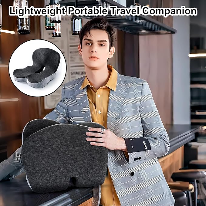 Memory Foam Office Chair Cushion, L-Shaped Integrated Seat Cushions, Chair Seat Cushion for Lower Back Tailbone Protection, Lumbar Support (Black Gray)
