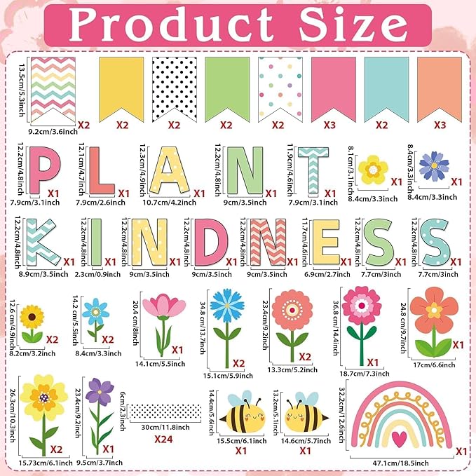 98 Pcs Spring Floral Flowers Bulletin Board Decorations Plant Kindness Bulletin Board Set Spring Floral Classroom Decor Rainbow Flowers Bee Cutouts for Primary School Home Wall Decorations