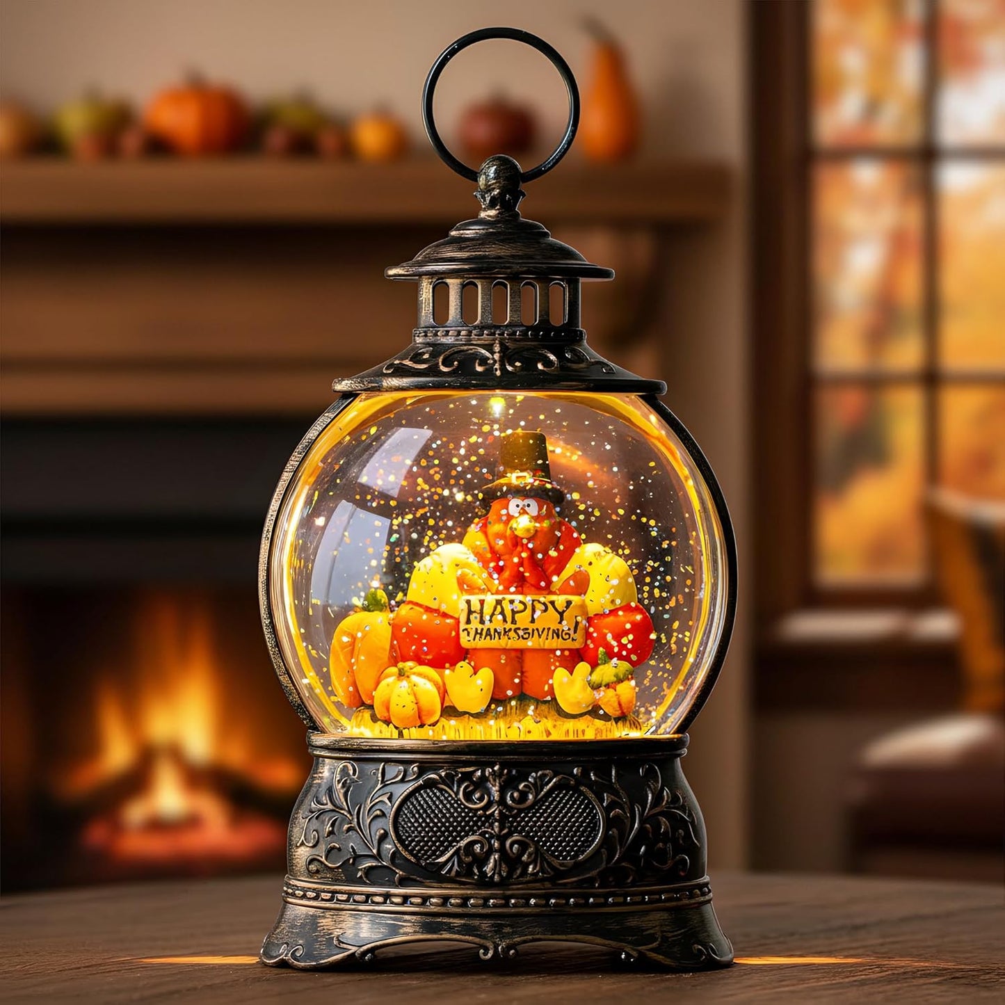 Fall Snow Globe Lantern with Autumn Turkey and Pumpkins Thanksgiving LED Decor for Home, Indoor Tabletop Centerpiece with Glitter Flakes, Harvest Light Decorations