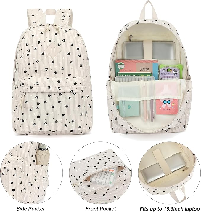 Corduroy Girls Backpack Set, 3PCS School Backpacks for Kids Elementary Middle School Bags with Lunch Box Pencil Case (Beige Corduroy Flowers)