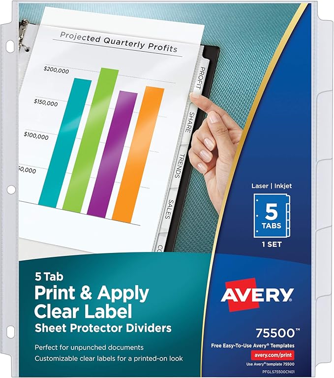 Avery 5-Tab Sheet Protector Dividers, Easy Print & Apply Clear Labels, Index Maker, White Tabs, 1 Set (75500)