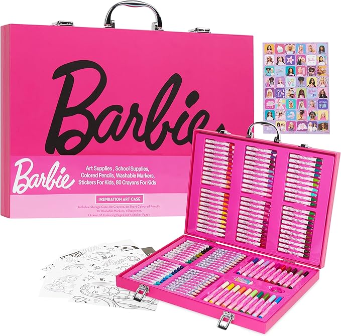 Barbie Colored Pencils Art Supplies Kids Set 130+ Pcs Coloring Markers Girls Drawing Pencils Supplies Travel Case with Crayons Felt Tips Arts and Crafts for Kids 4-12