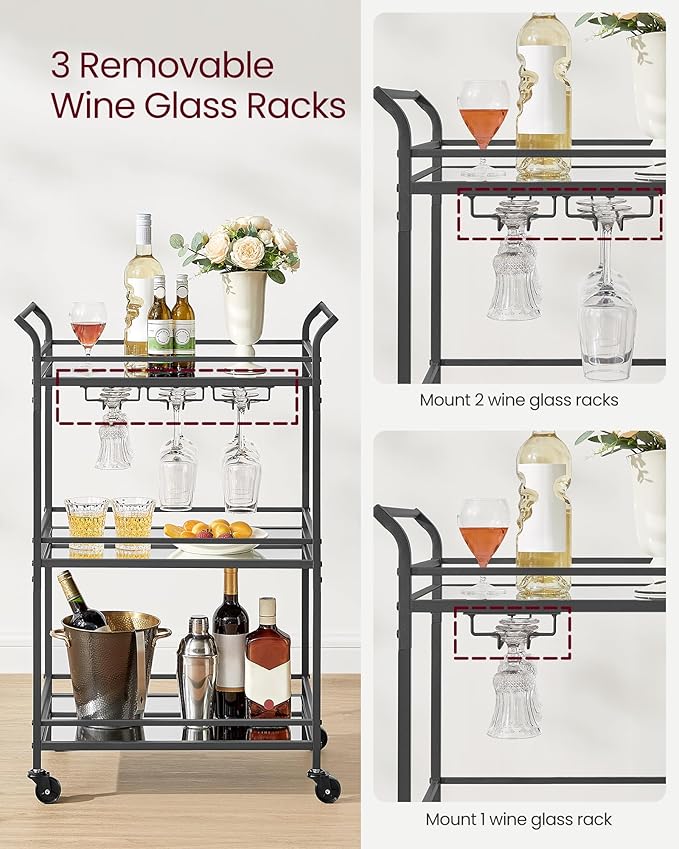 VASAGLE Bar Cart Black, Small Home Bar Serving Cart with 3-Tier Mirrored Shelf, Wine Holders, Glass Holders, for Small Spaces, Kitchen, 15 x 23.6 x 36.2 Inches, Black ULRC100B01