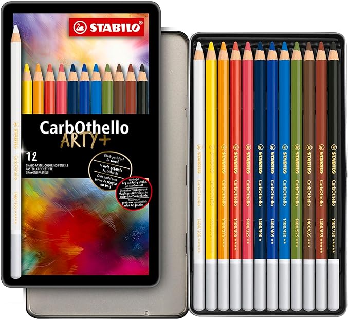 STABILO Chalk-Pastel Artist Colored Pencil CarbOthello ARTY, Tin Set of 12, Watercolor Effects, Sketching, Drawing, Coloring