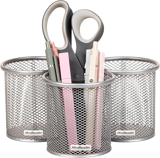 Mind Reader Pen and Accessories Holder, Desktop Organizer, Office, Metal Mesh, 3.5"L x 3.5"W x 3.75"H, Set of 3, Silver