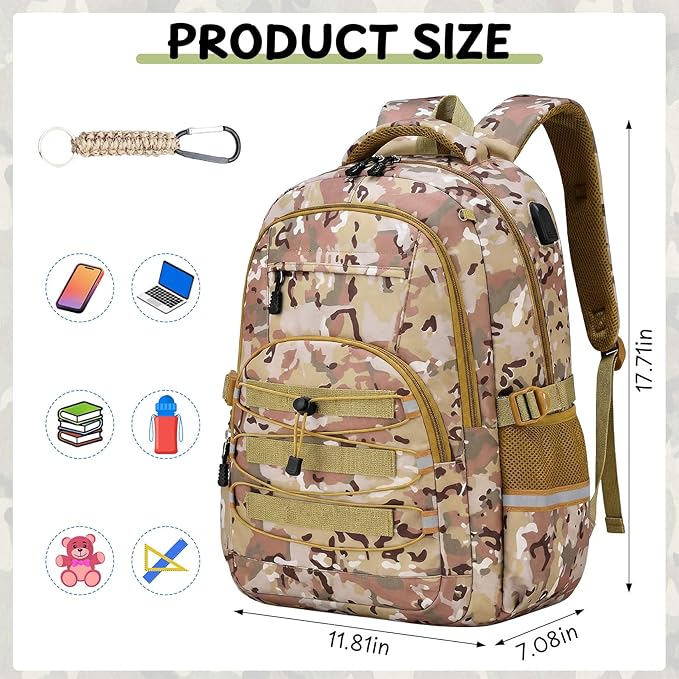 Kids Backpack for Boys - Camo Boys Backpacks for Kids Teens Elementary Middle School, 18″ Camouflag Students Bookbag with Usb Charging Port & Key-chain, Perfect for Travel and School
