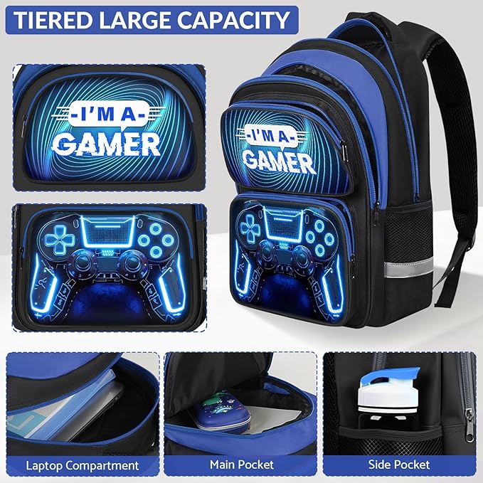 School Backpack for Boys - Gamer Boys Backpack for Kids Children Teens Elementary Middle School - 17″ Video Game Bookbag Travel Back Pack for Age 6-18