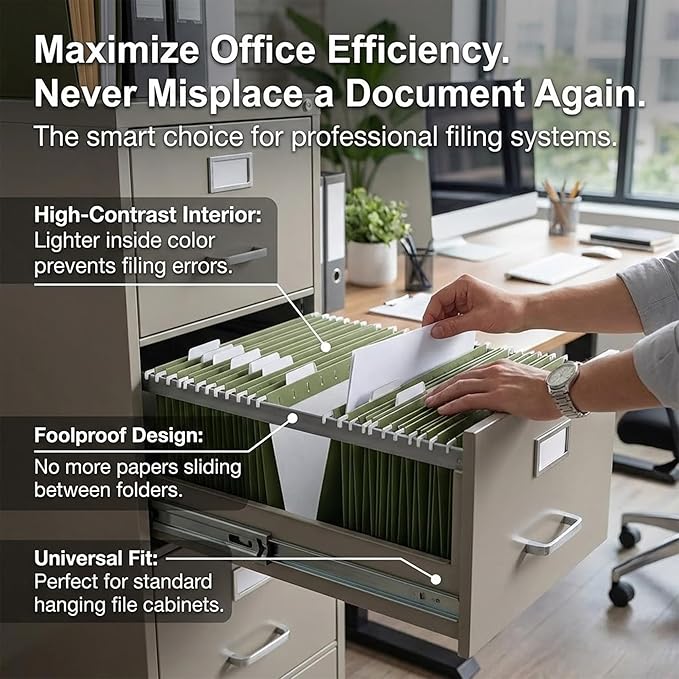 25 Packs Hanging File Folders,Standard Green File Folders for Filing Cabinet,1/5 Adjustable Tabs & Labels,Bulk File Organizer for Office,School,Home