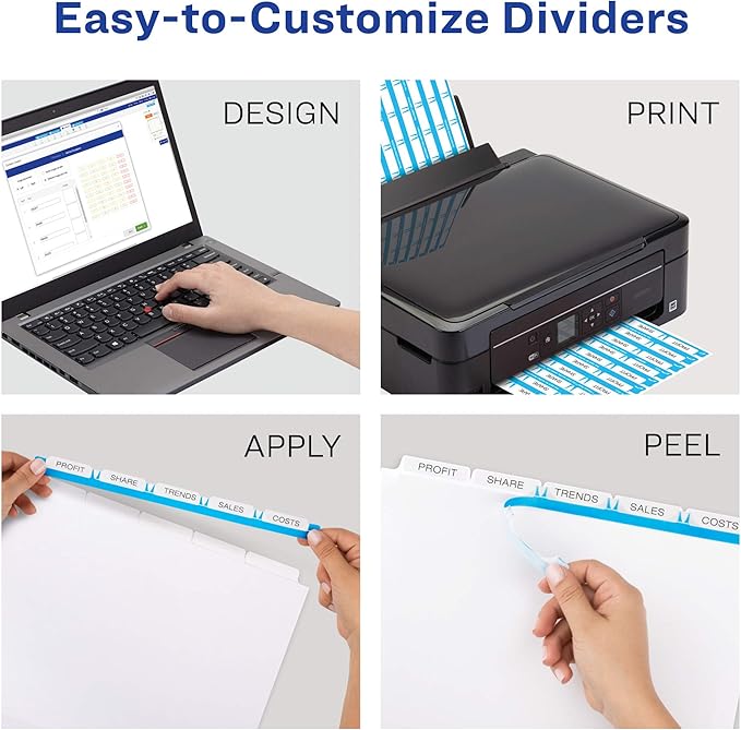 Avery 5 Tab Plastic Dividers for 3 Ring Binder, Easy Print & Apply Clear Label Strip, Index Maker Customizable Frosted White Tabs, 1 Set (11449)