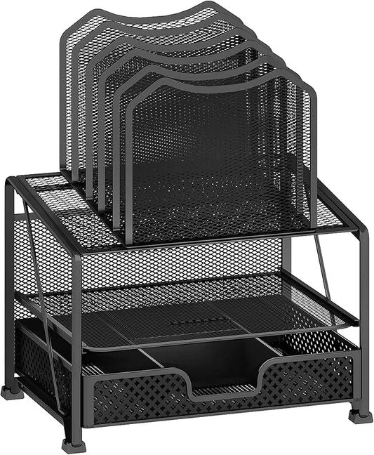 Simple Trending Mesh Desk Organizer with Sliding Drawer, Double Tray with 5 Sections File Bookshelf, Black