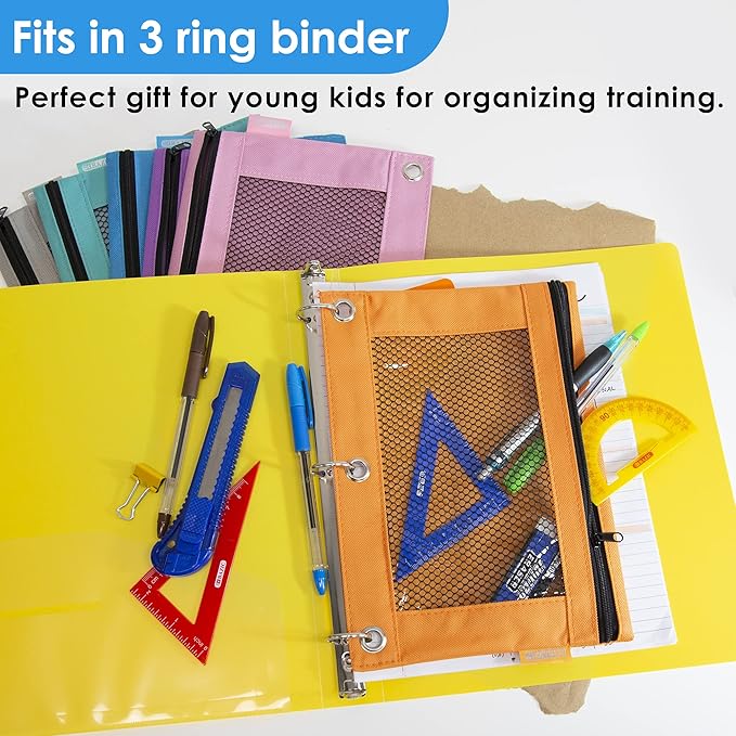 BAZIC PRODUCTS Pencil Pouch 3 Ring Binder Pouch w/Rivet Enforced Rings Holes, Pastel Color Mesh Window Zipper Pouchesr, 24-Pack