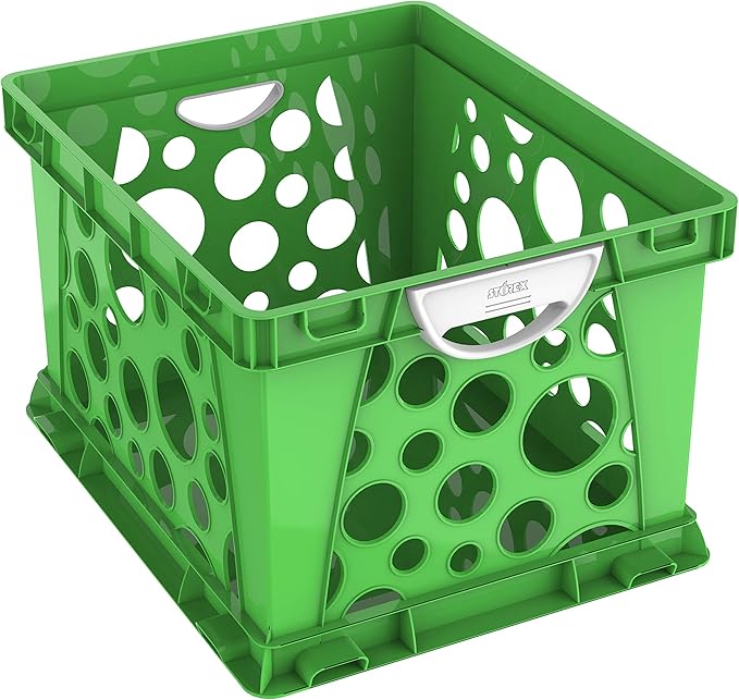 Storex Premium File Crate with Molded Handles – Letter and Legal Document and Folder Storage, Green/White, 3-Pack (61780A03C)