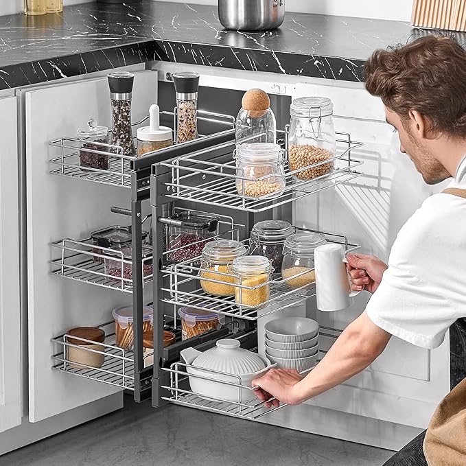 VEVOR 3 Tier 6 Shelf Chrome Carbon Steel Kitchen Cabinet Organizer, Slide Out Storage, Space Saving, Silver, For 15" Width, Food, Jars, Cans, Cookware, Pans, Mugs