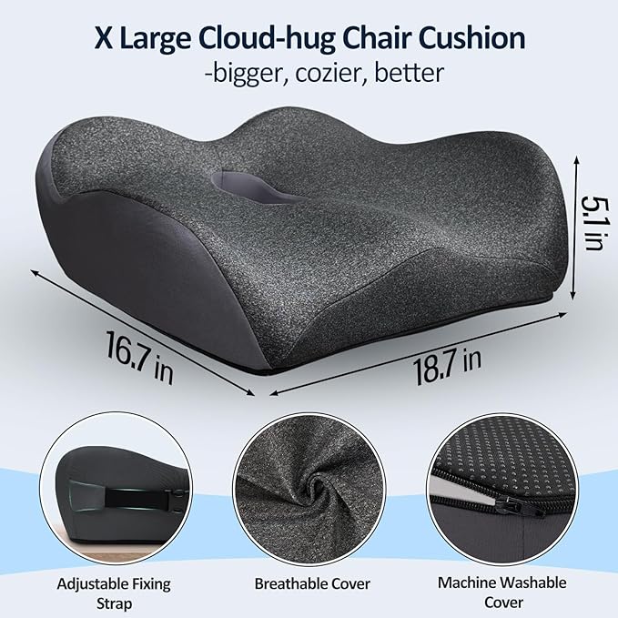 X Large Memory Foam Seat Cushions for Office Chairs, Long Sitting Pressure Relief Ergonomic Office Chair Cushion for Butt Coccyx Tailbone Sciatica, Car Seat Booster for Height (Smoky Gray)