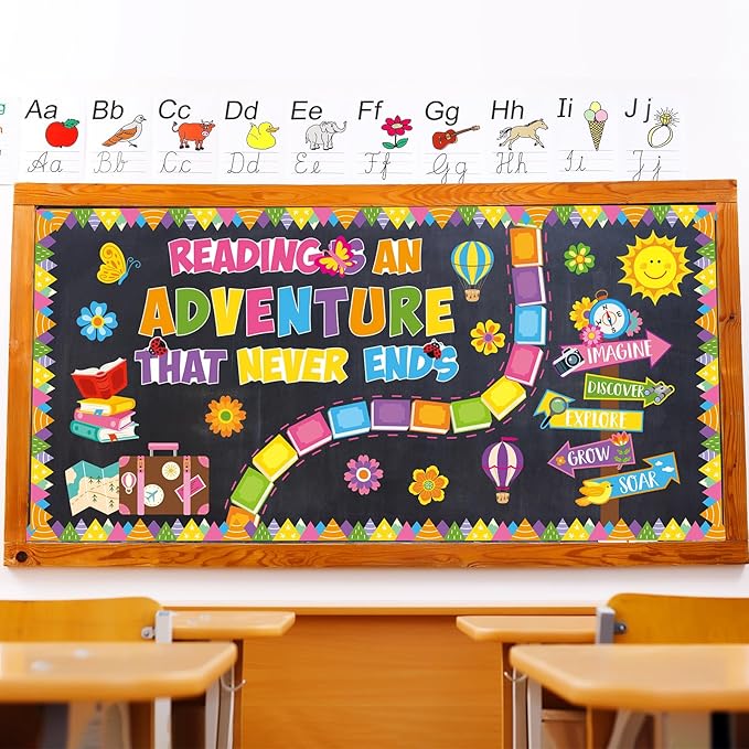 Honoson 55 Pcs Spring Reading Bulletin Board Set Reading is an Adventure Bulletin Boards Colorful Floral Cutouts Decors for Spring Back to School Library Home Chalkboard Wall Decoration (Book)