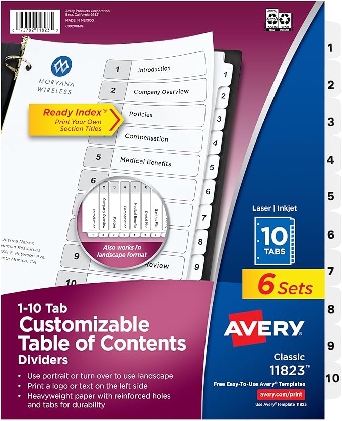 Avery Dividers for 3 Ring Binders, 10 Tabs per Set, Customizable Table of Contents, Classic White Tabs, Great for Organizing Reports, Projects, and More (6 Sets of 11823)