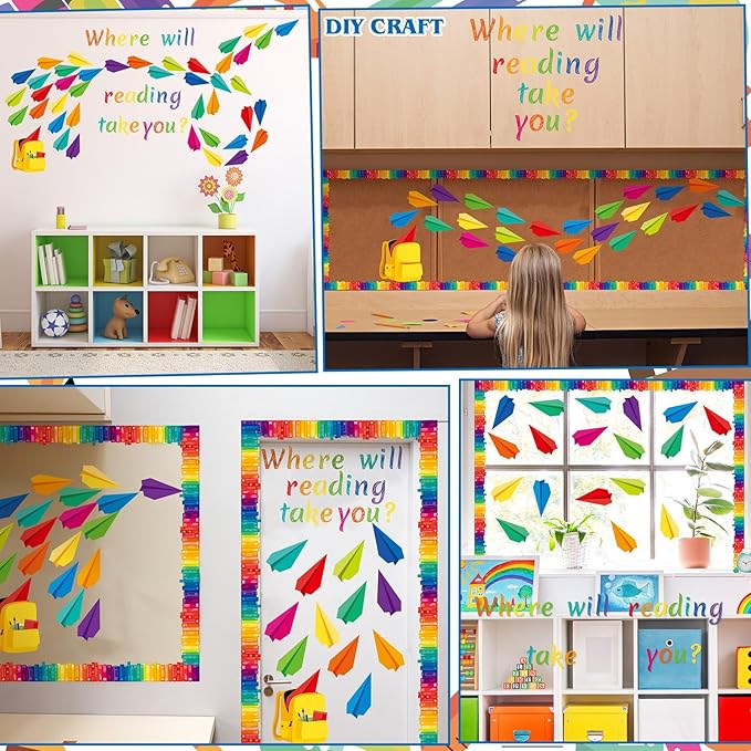 Janlaugh 133 Pcs Classroom Reading Bulletin Board Set Colorful Planes for Bulletin Board Decorations Paper Cutouts for Teacher Classroom Library Back to School Decor Supplies
