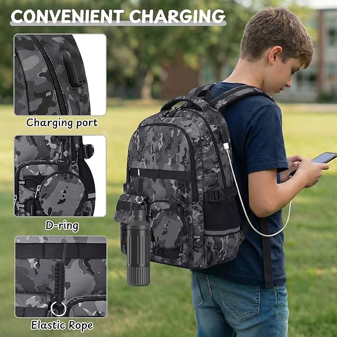 School Backpack for Boys - Camo Boys Backpack for Kids Teens Elementary, Middle & High School Bookbag Daypack with Camouflag Design,18″ Large Capacity with Usb Charging Port & Key-chain