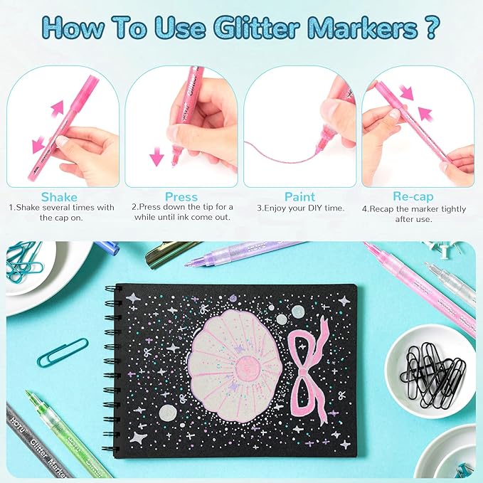Glitter Markers Pen: 24 Sparkly Colors Metallic Marker 0.7mm Extral Fine Tip Acrylic Glitter Paint Pens for Rock Painting, Ceramic, Glass, Wood, Fabric, Scrapbooking, DIY Craft Making